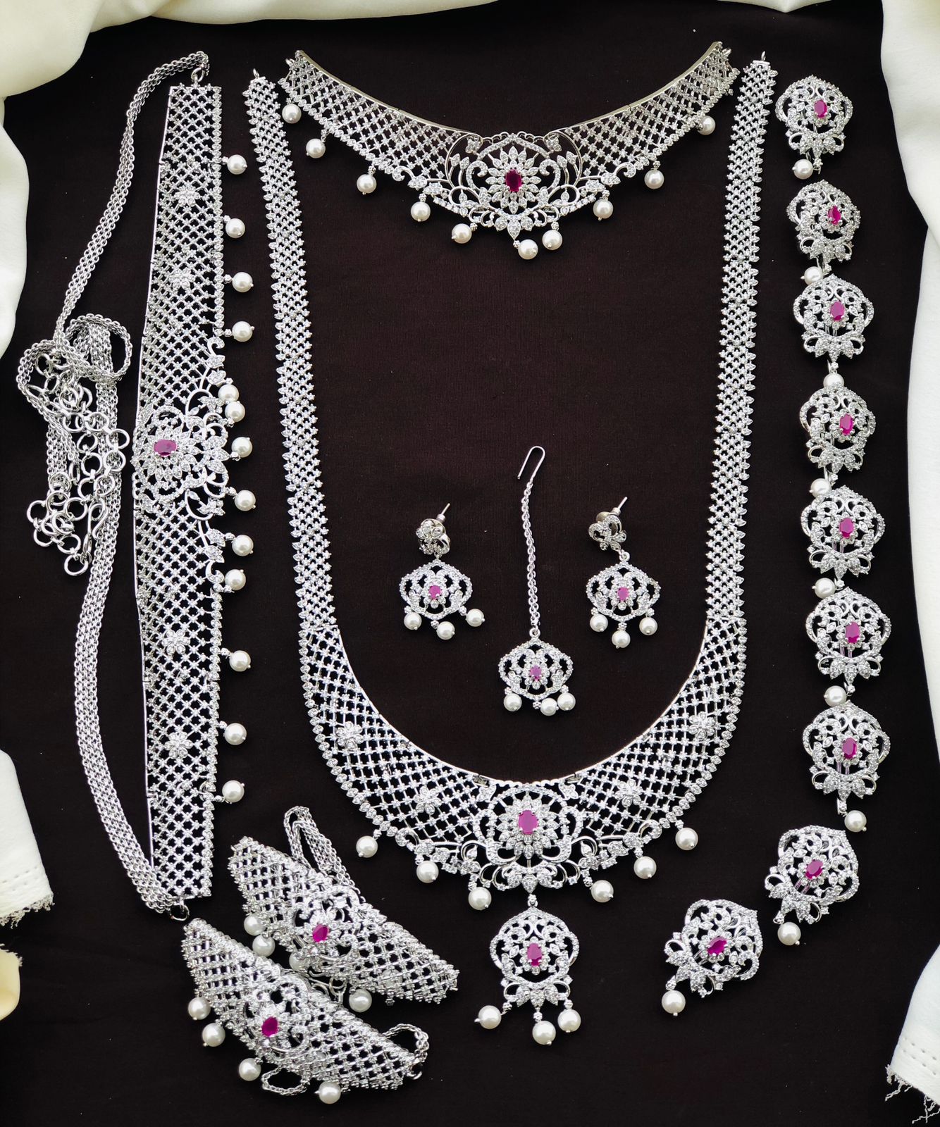 Exclusive Premium Quality CZ stone GJ Polish Full Bridal Set Haram Necklace Set with Earrings and Tikka - Green