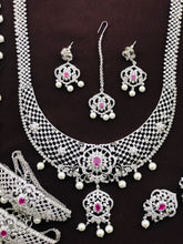 Exclusive Premium Quality CZ stone GJ Polish Full Bridal Set Haram Necklace Set with Earrings and Tikka - Green