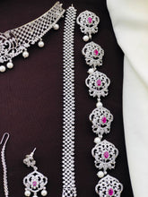 Exclusive Premium Quality CZ stone GJ Polish Full Bridal Set Haram Necklace Set with Earrings and Tikka - Green