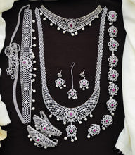 Exclusive Premium Quality CZ stone GJ Polish Full Bridal Set Haram Necklace Set with Earrings and Tikka - Green