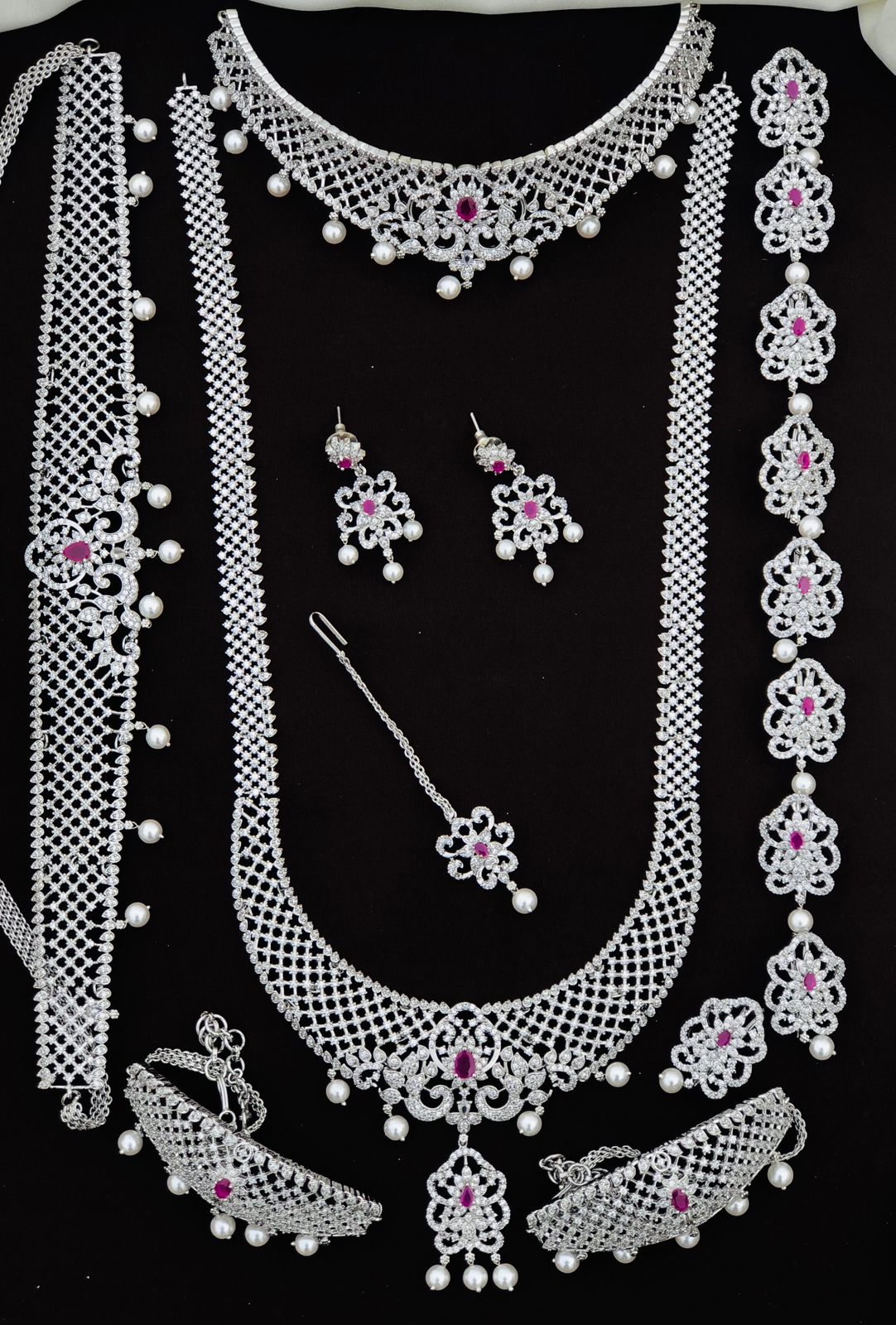 Exclusive Premium Quality CZ stone GJ Polish Full Bridal Set Haram Necklace Set with Earrings and Tikka