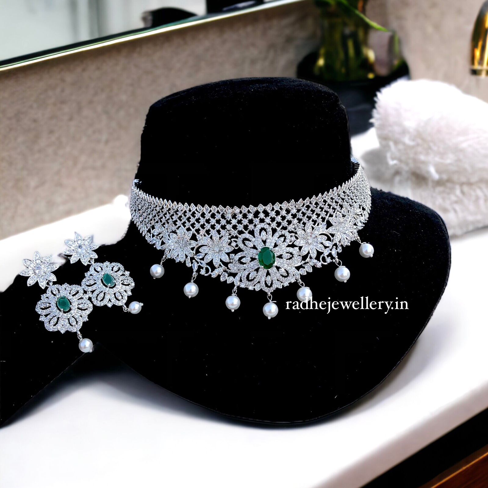 American Diamond Choker -Green and White