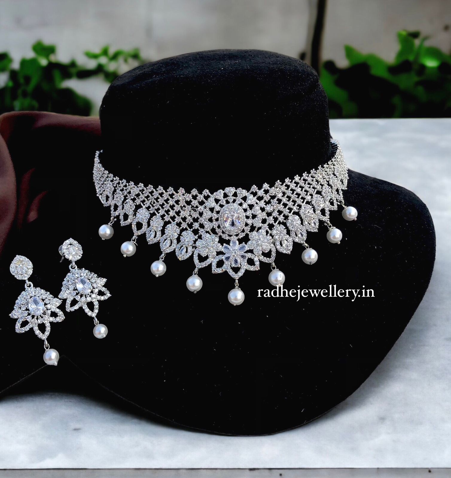 American Diamond Choker set -White And Maroon