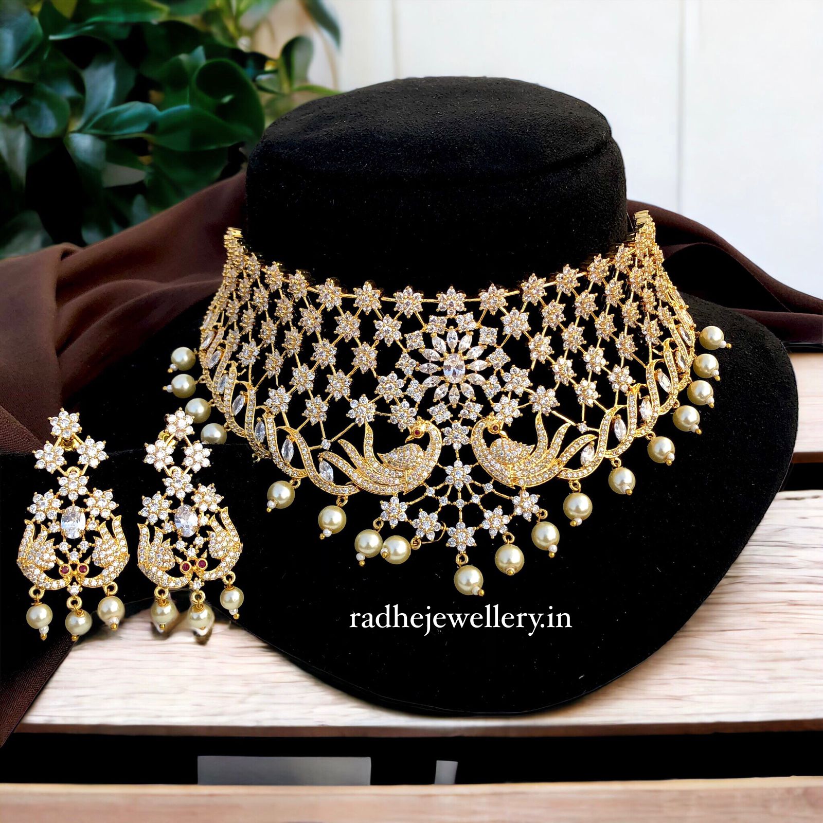 Bollywood Replica Peacock AD Choker Necklace With Dangler Earrings For Women & Girls