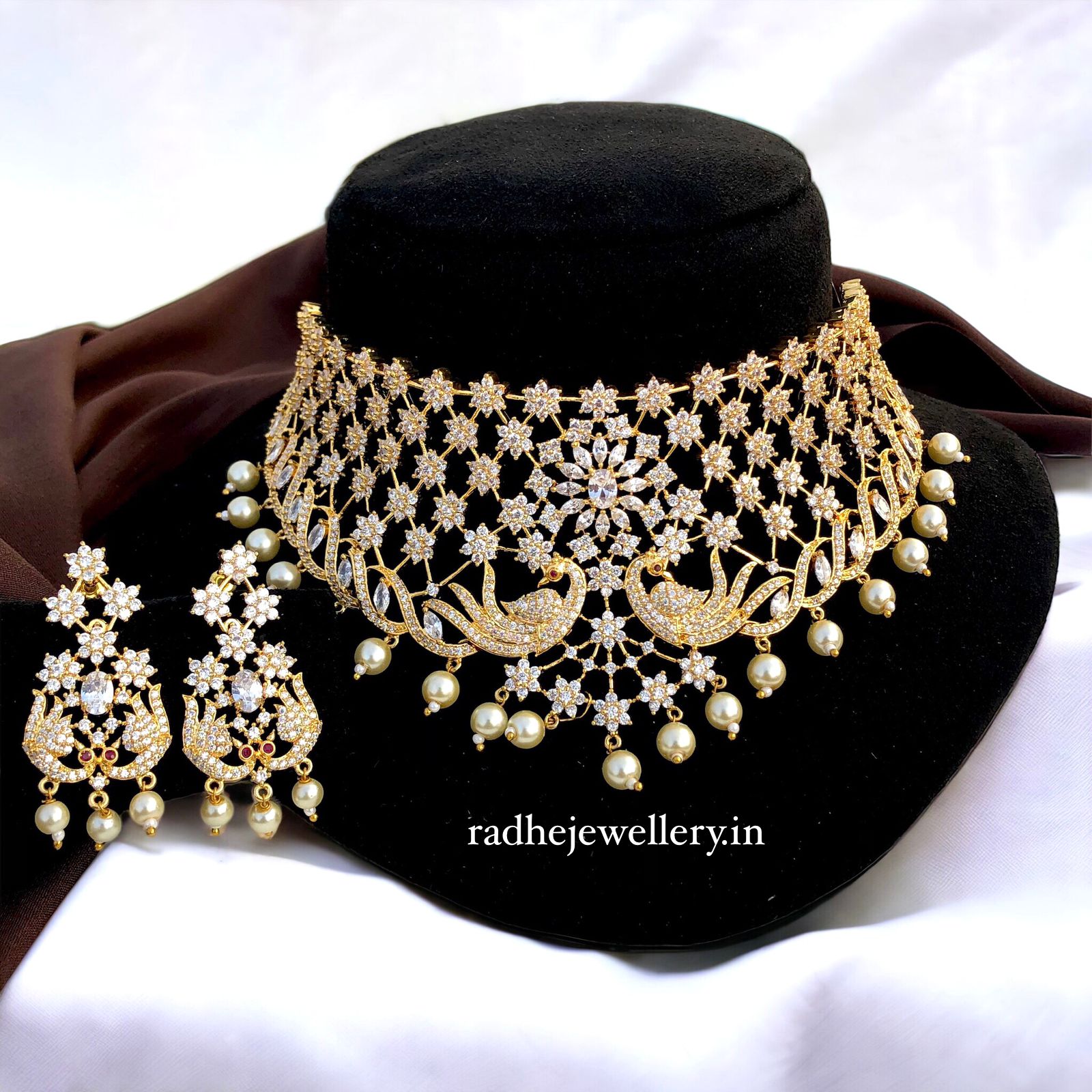 Bollywood Replica Peacock AD Choker Necklace With Dangler Earrings For Women & Girls