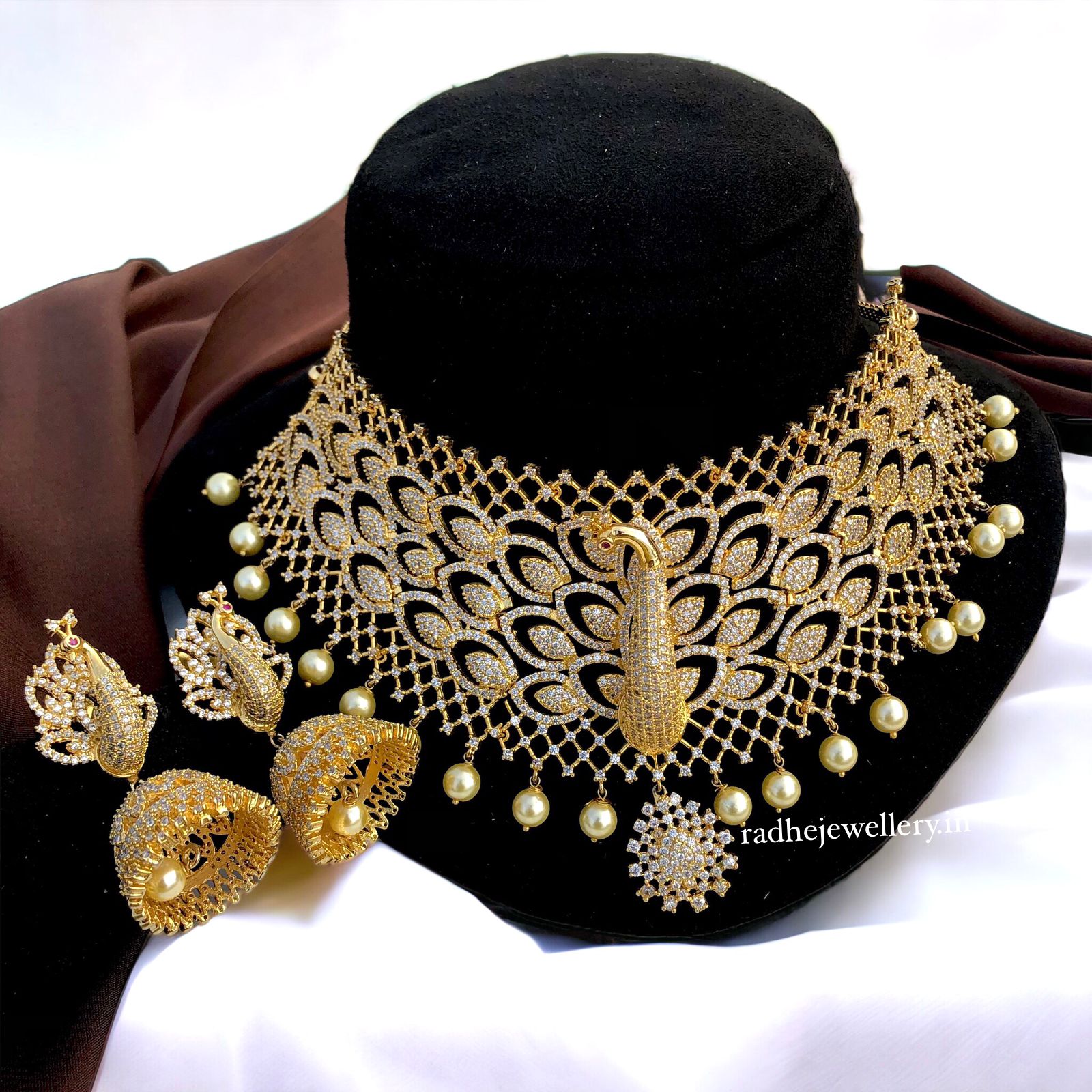 Peacock design jewellery set Grand AD Stone Bridal Choker / American Diamond Set