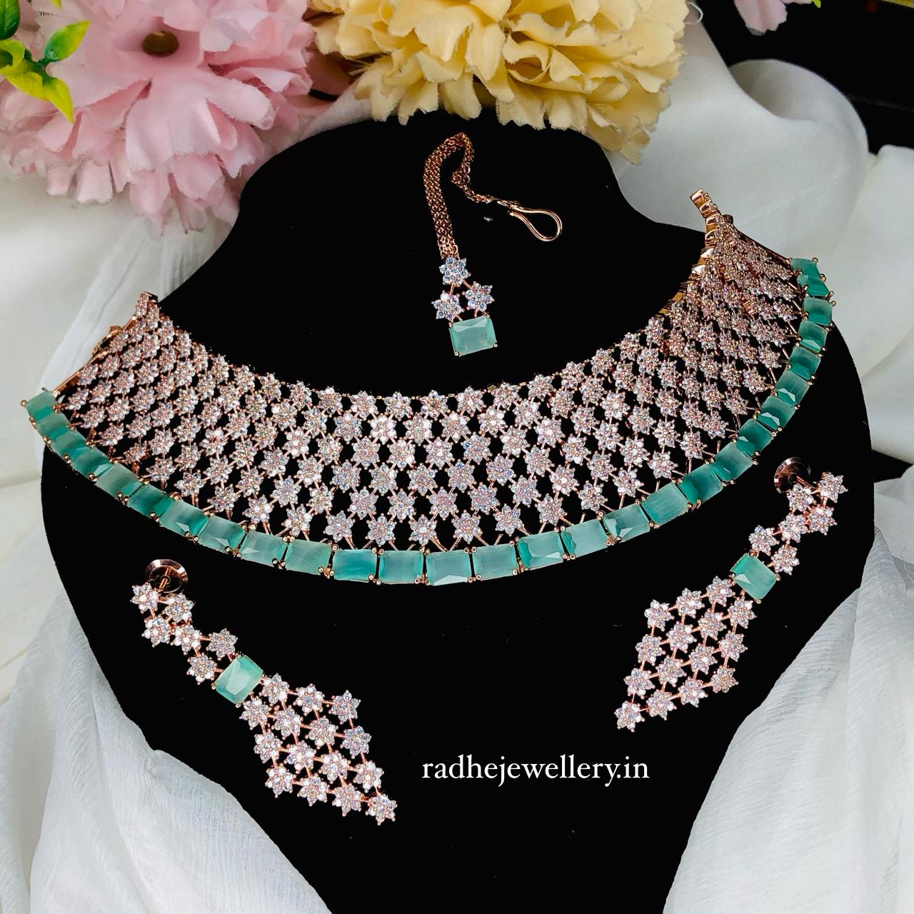 AD stone Choker set with Mang Tikka | Indian Bollywood Style Fashion Jewelry | AD Stone Choker Set