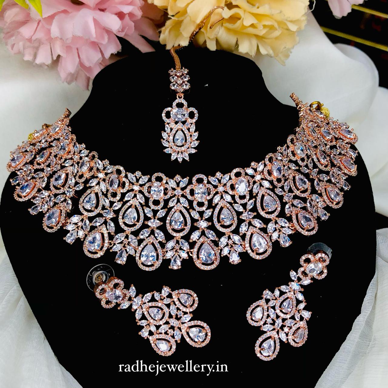 Rose Gold- AD Stone Choker set with Mang Tikka | Indian Bollywood Style Fashion Jewelry | AD Stone Choker Set