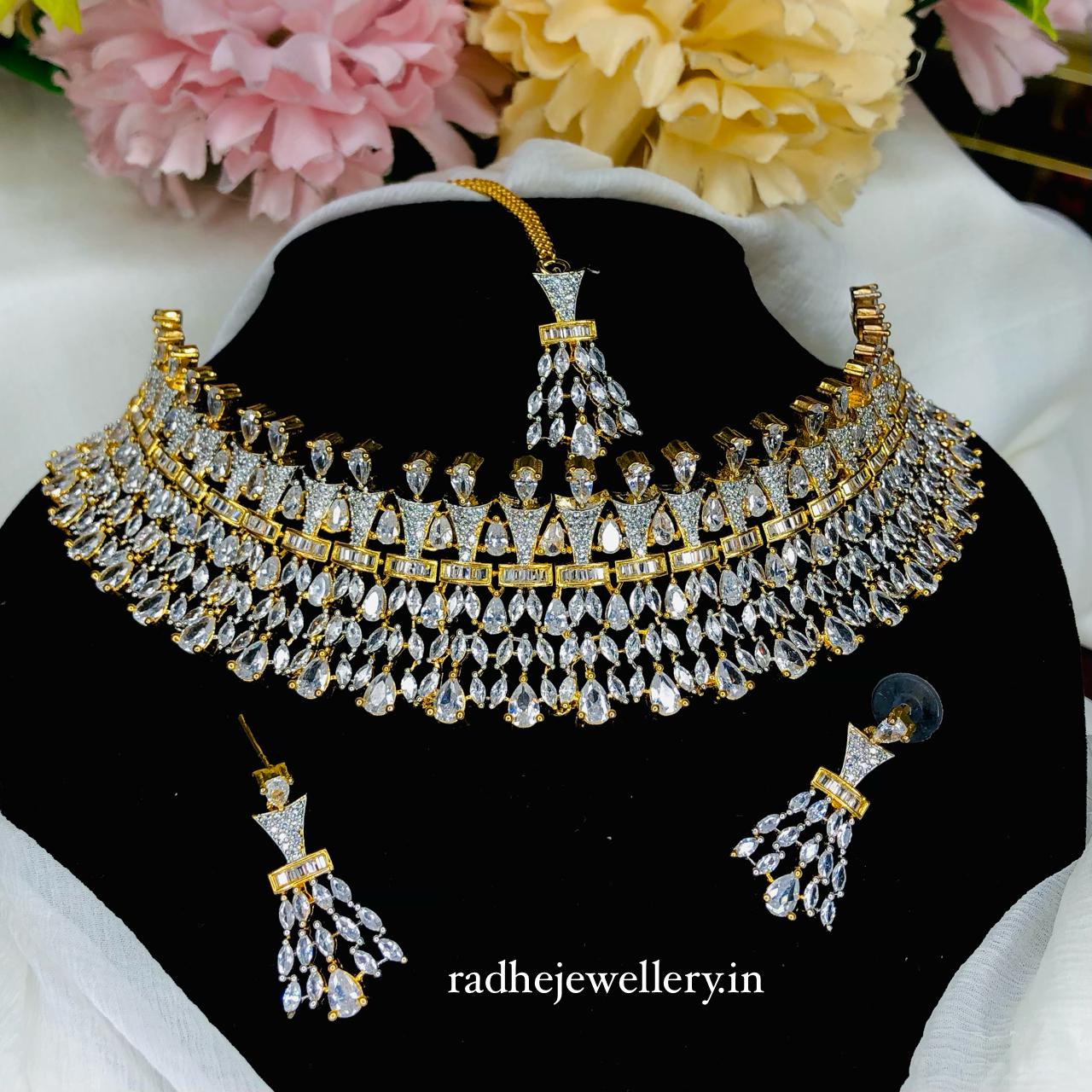 AD Stone Choker set with Mang Tikka | Indian Bollywood Style Fashion Jewelry | AD Stone Choker Set