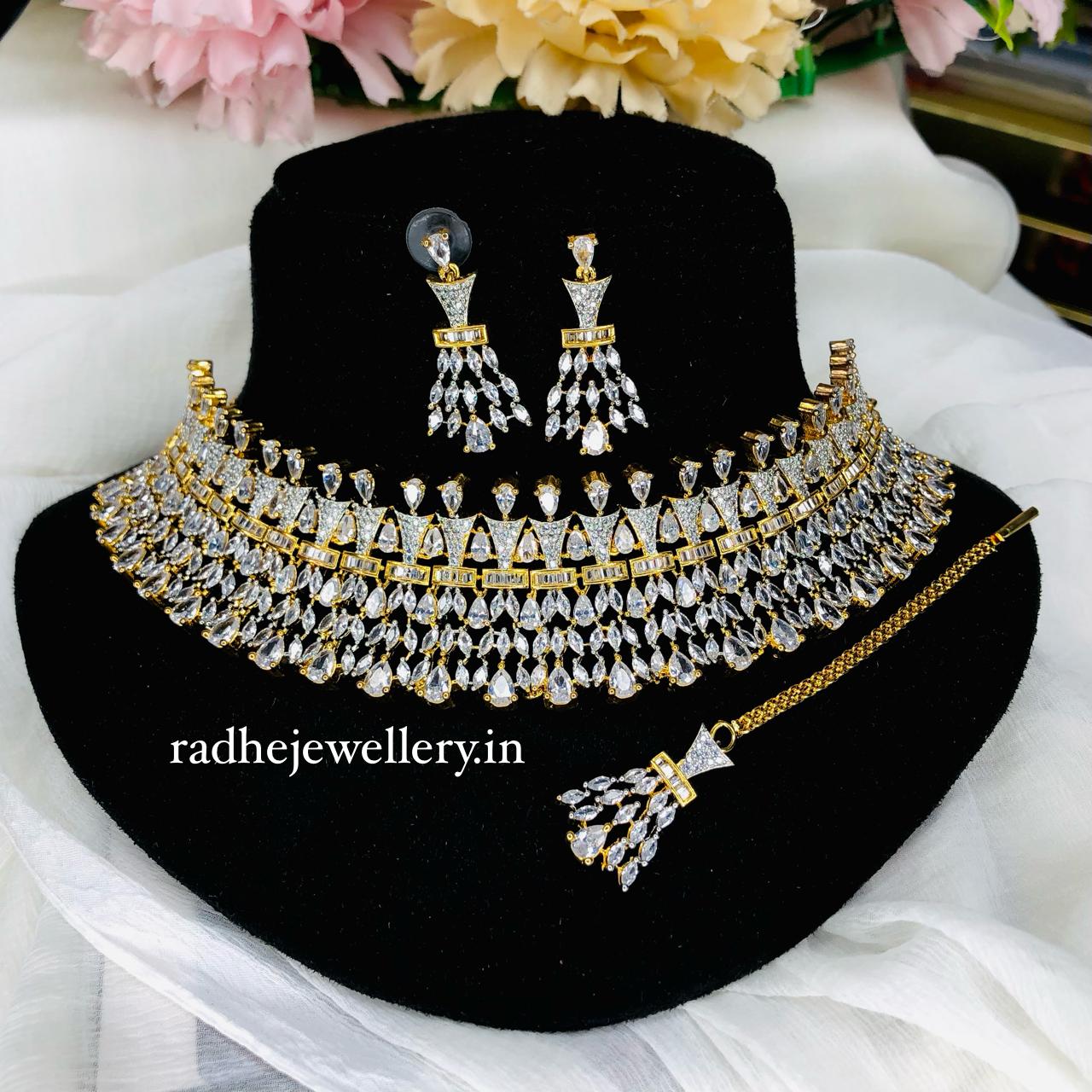 AD Stone Choker set with Mang Tikka | Indian Bollywood Style Fashion Jewelry | AD Stone Choker Set