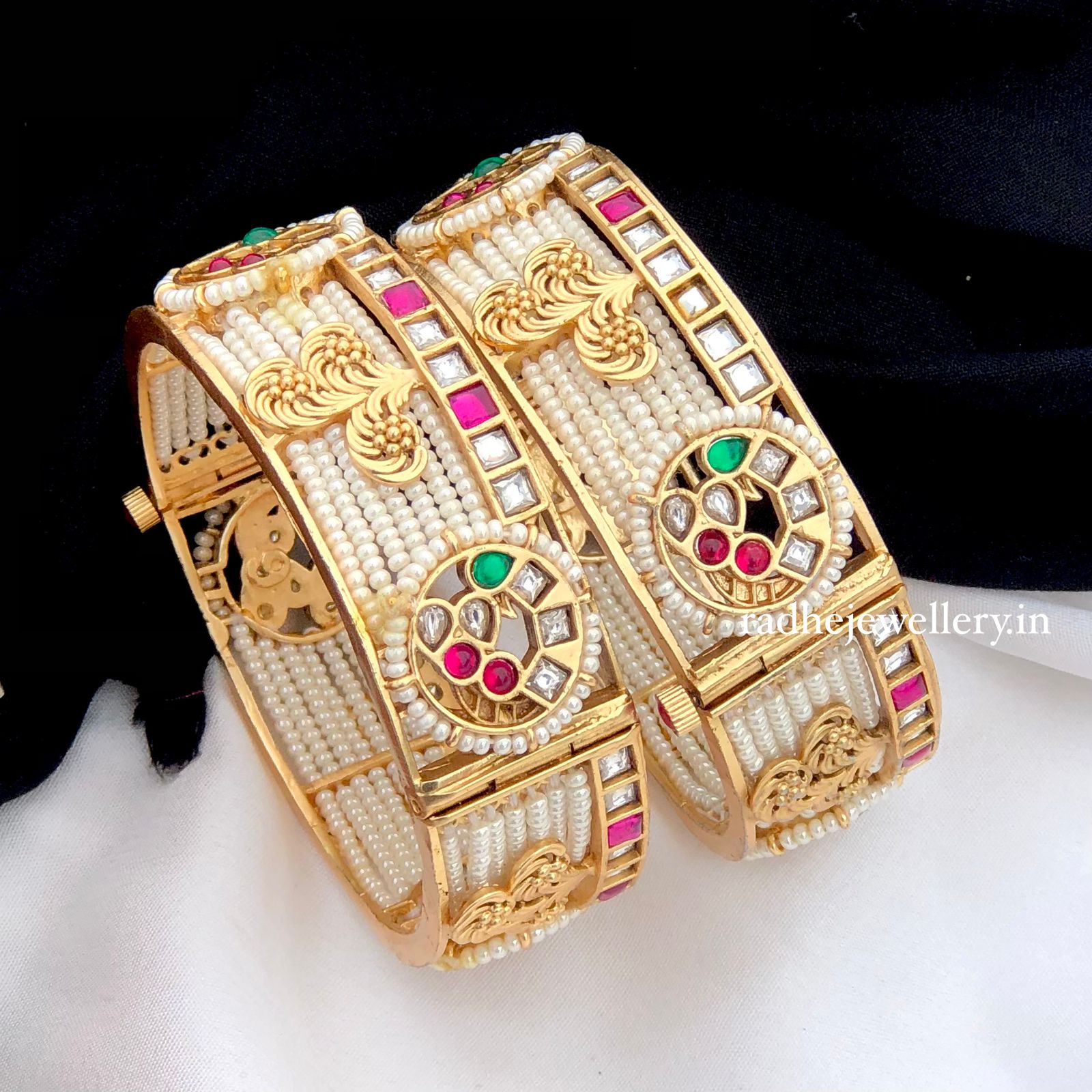 Rajwadi Openable Jadau Bangles/ White beads jadau stone Kada / Indian Bridal bangles