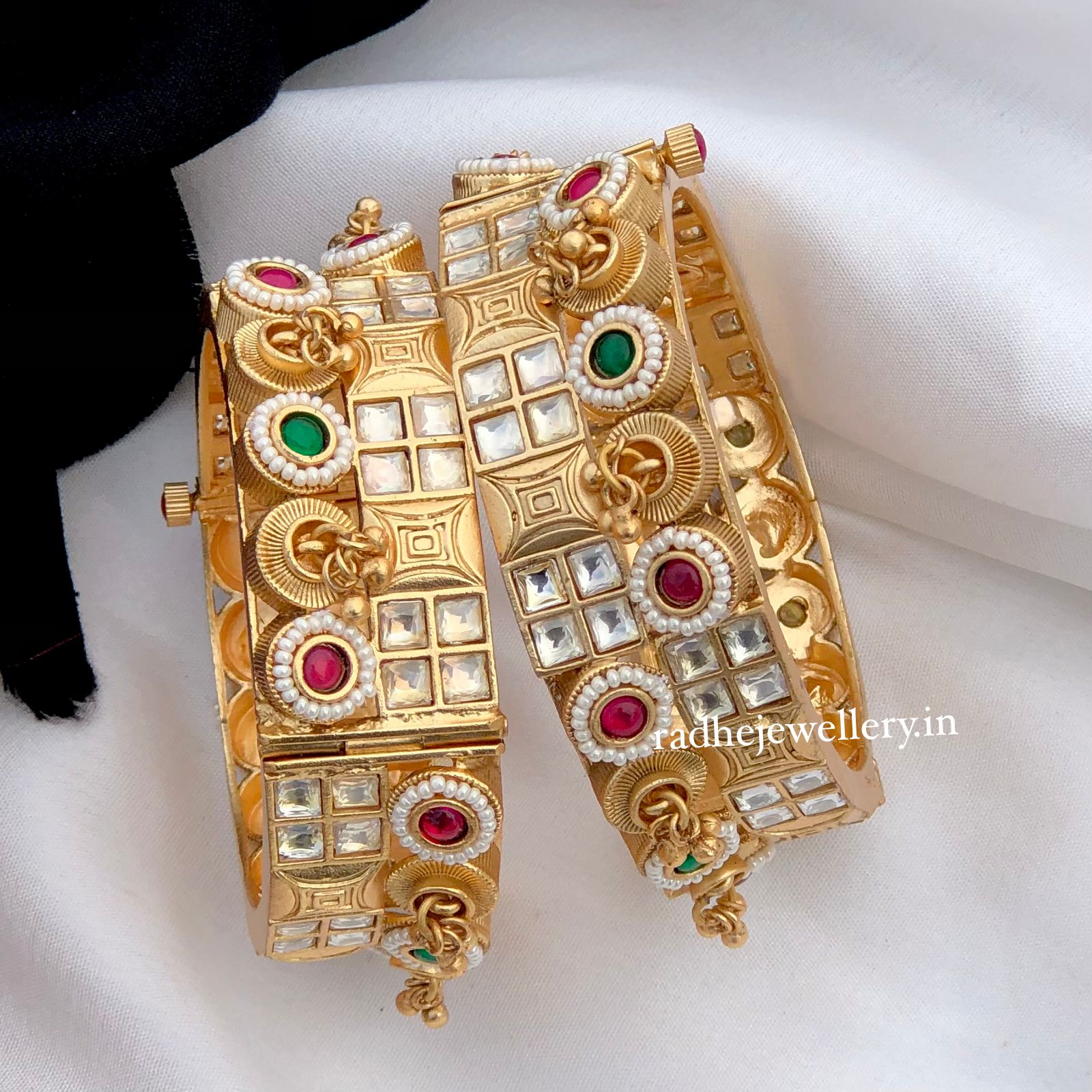 Rajwadi Openable Jadau Bangles/ White beads jadau stone Kada / Indian Bridal bangles