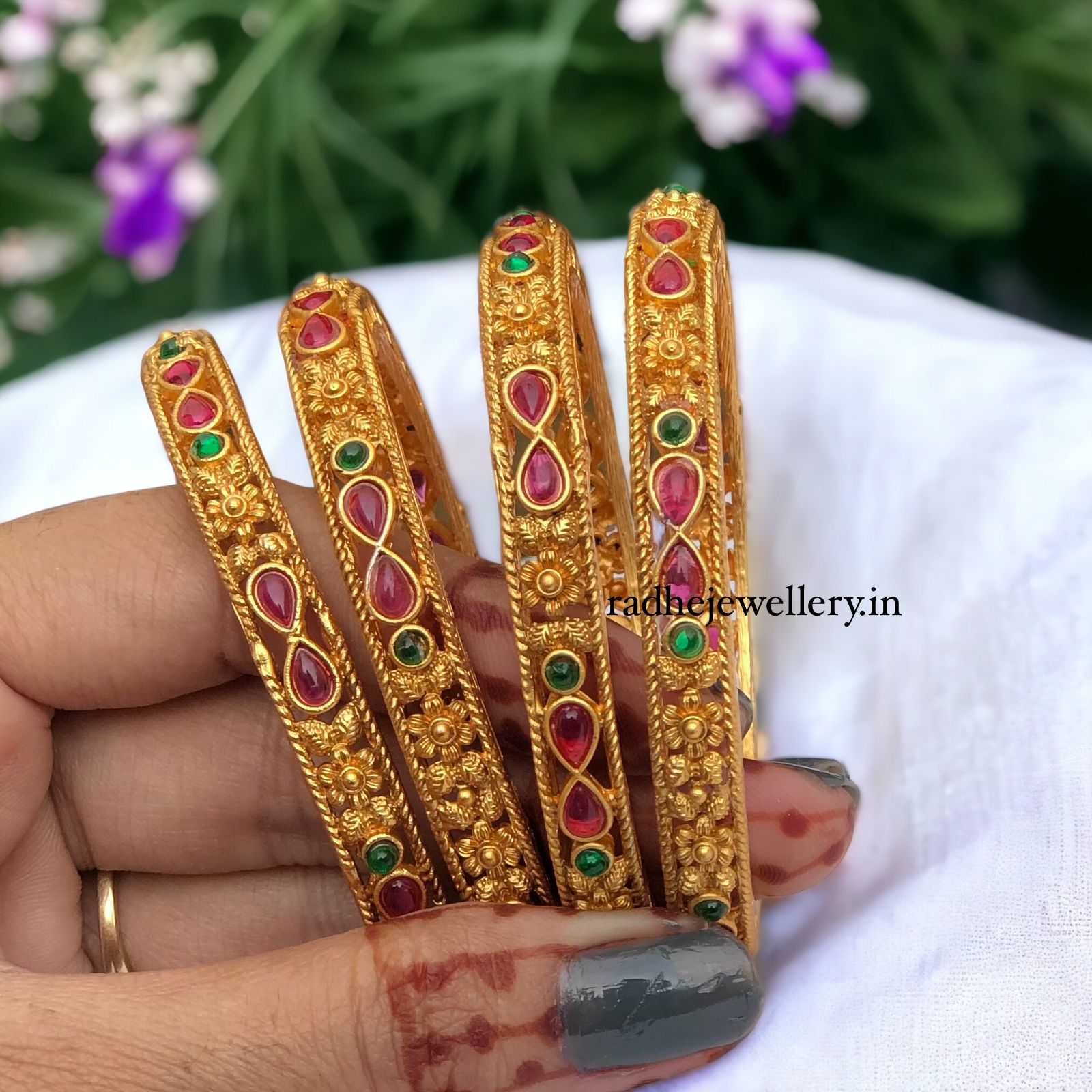 Drops & Floral Bangles Set of 4, Premium Quality, Gift For Her