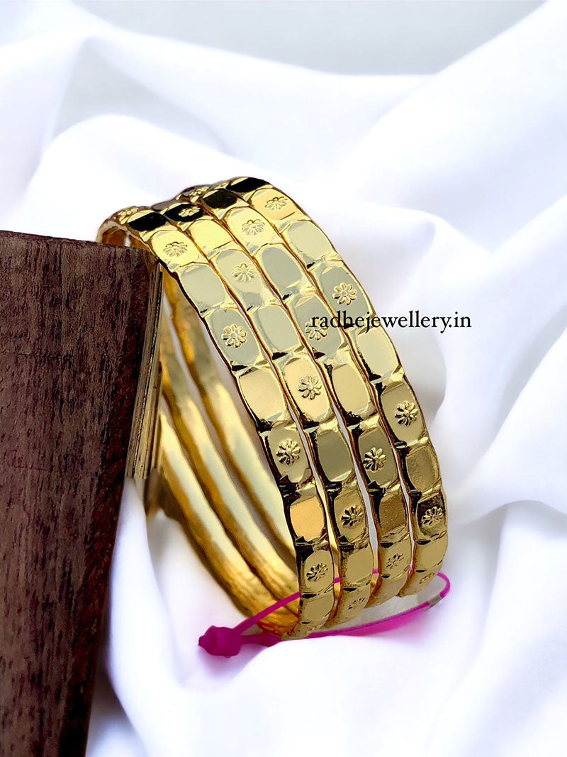 Simple Design Gold Plated Bangles Set, 4 Bangles For Daily Wear