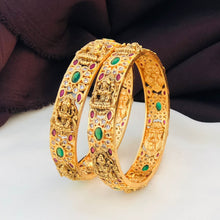 Exquisite Lakshmi Devi Ruby Emerald Gold-Plated Bangles - Traditional Temple Jewelry