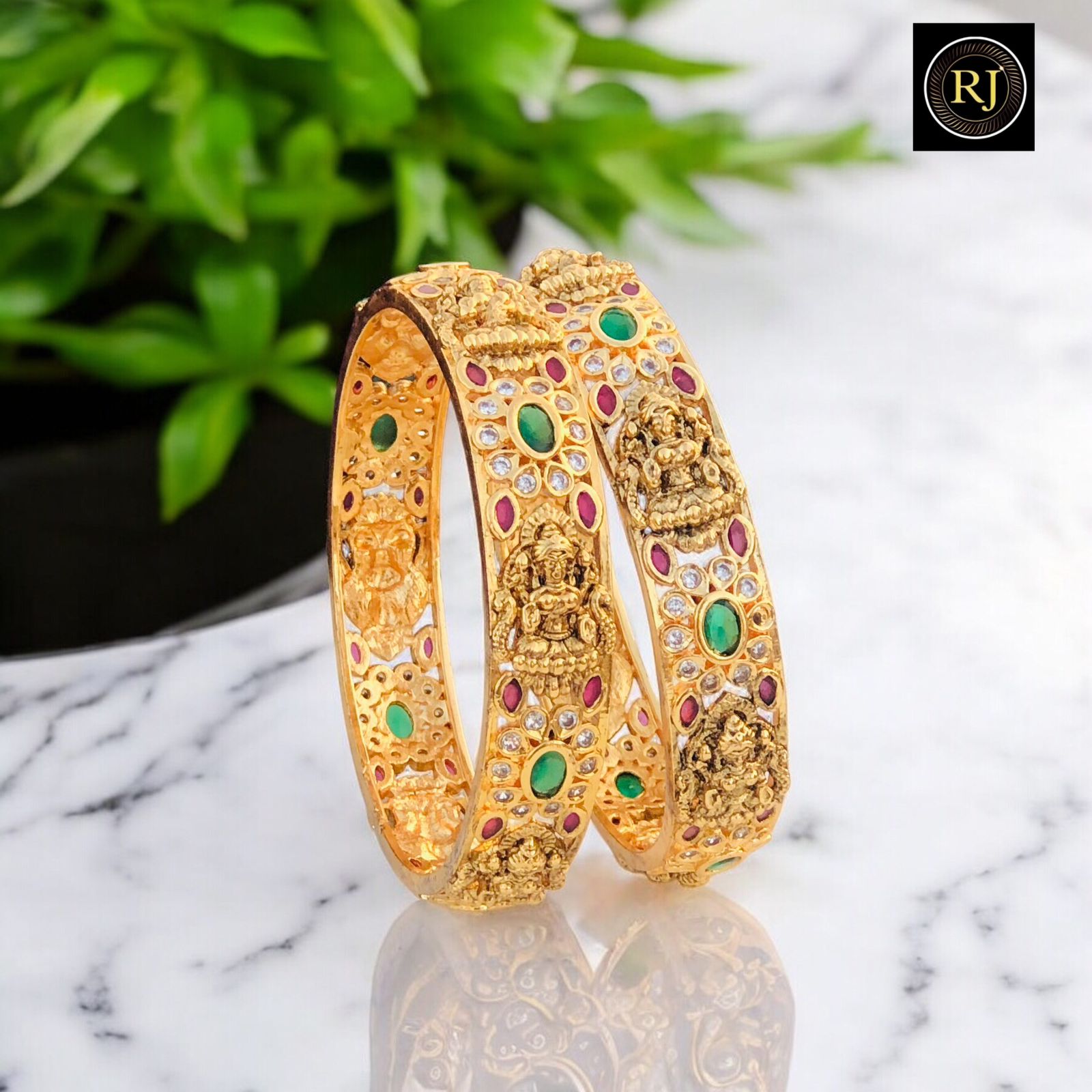 Exquisite Lakshmi Devi Ruby Emerald Gold-Plated Bangles - Traditional Temple Jewelry