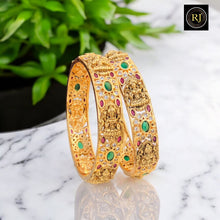 Exquisite Lakshmi Devi Ruby Emerald Gold-Plated Bangles - Traditional Temple Jewelry