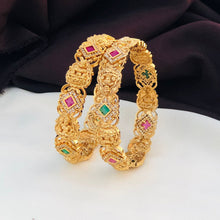 Exquisite Lakshmi Devi Ruby Emerald Gold-Plated Bangles - Traditional Temple Jewelry