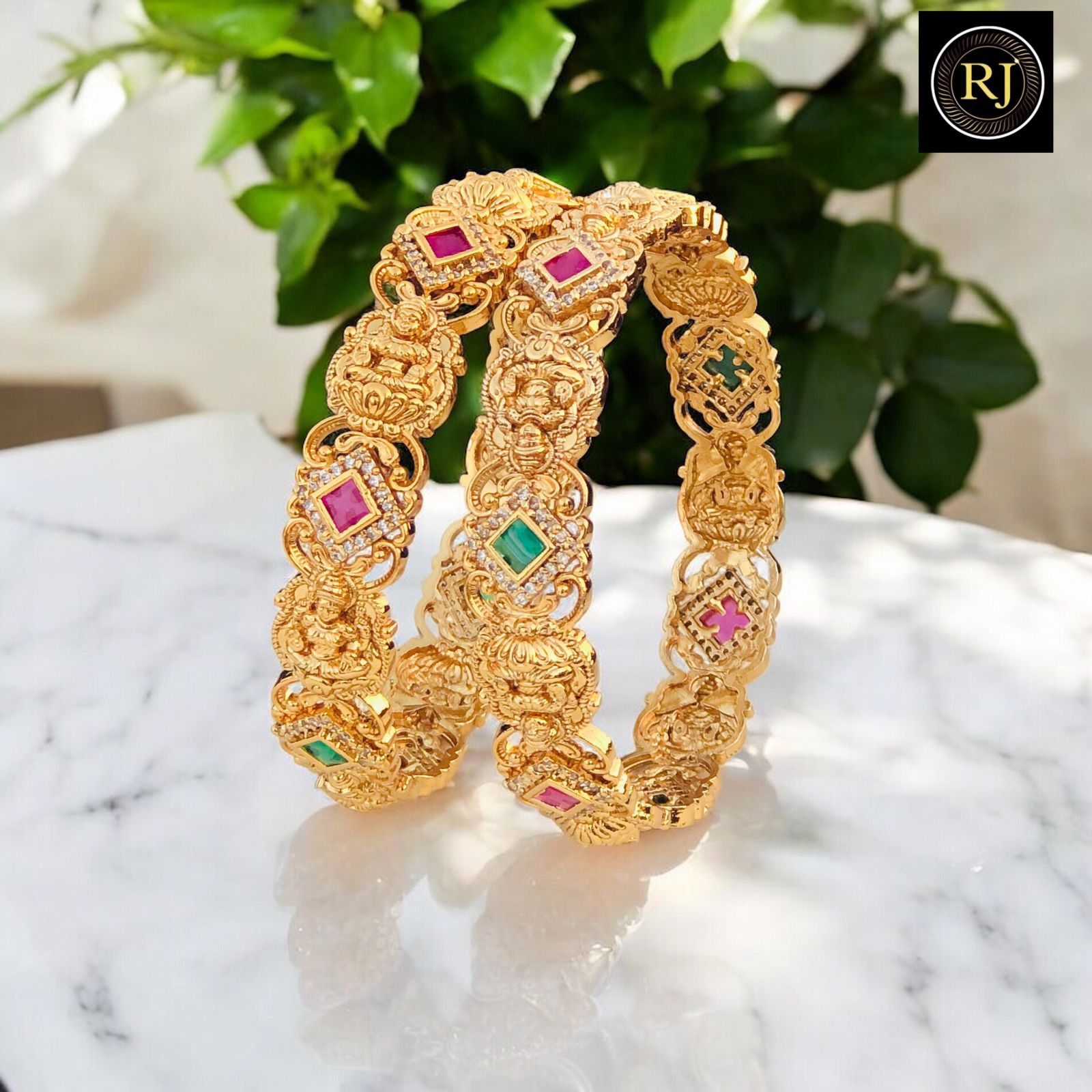 Exquisite Lakshmi Devi Ruby Emerald Gold-Plated Bangles - Traditional Temple Jewelry