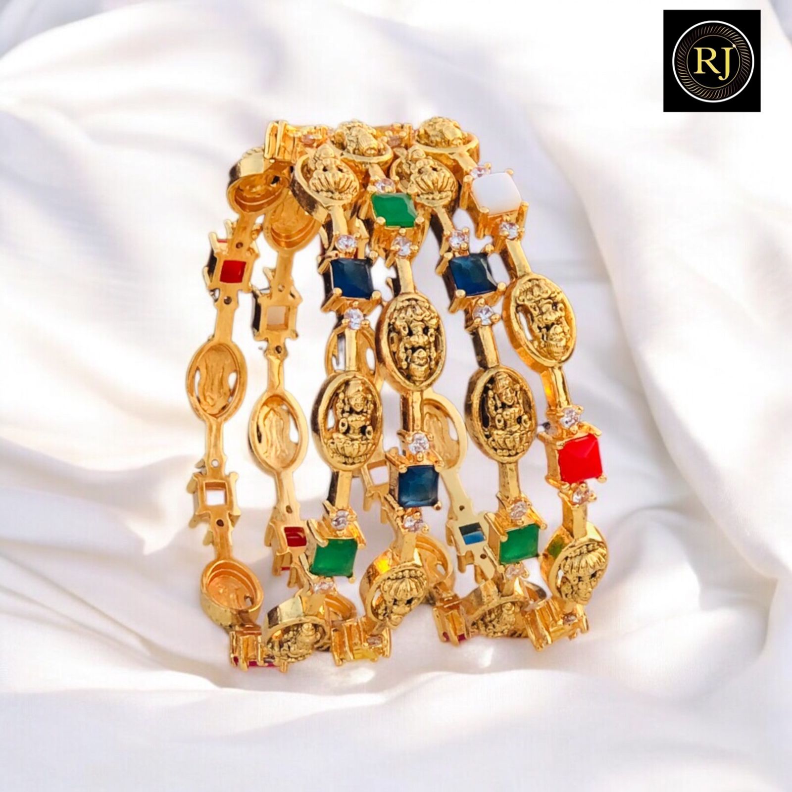 Traditional Gold-Plated Deity & Multi-Stone Kada Bangles (Set of 2/4)