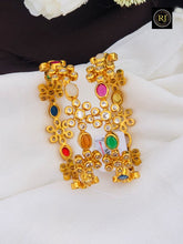Traditional Multicolor Stone Gold Finish Bridal Bangles Set | Temple Style Designer Kada Pair for Women