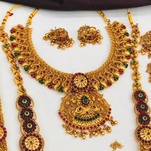 Gold Plated South Indian Bridal Jewelry Set: Floral Necklace, Earrings, Maangtikka