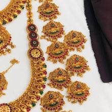 Gold Plated South Indian Bridal Jewelry Set: Floral Necklace, Earrings, Maangtikka