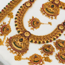 Gold Plated South Indian Bridal Jewelry Set: Floral Necklace, Earrings, Maangtikka