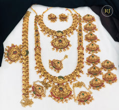 Gold Plated South Indian Bridal Jewelry Set: Floral Necklace, Earrings, Maangtikka