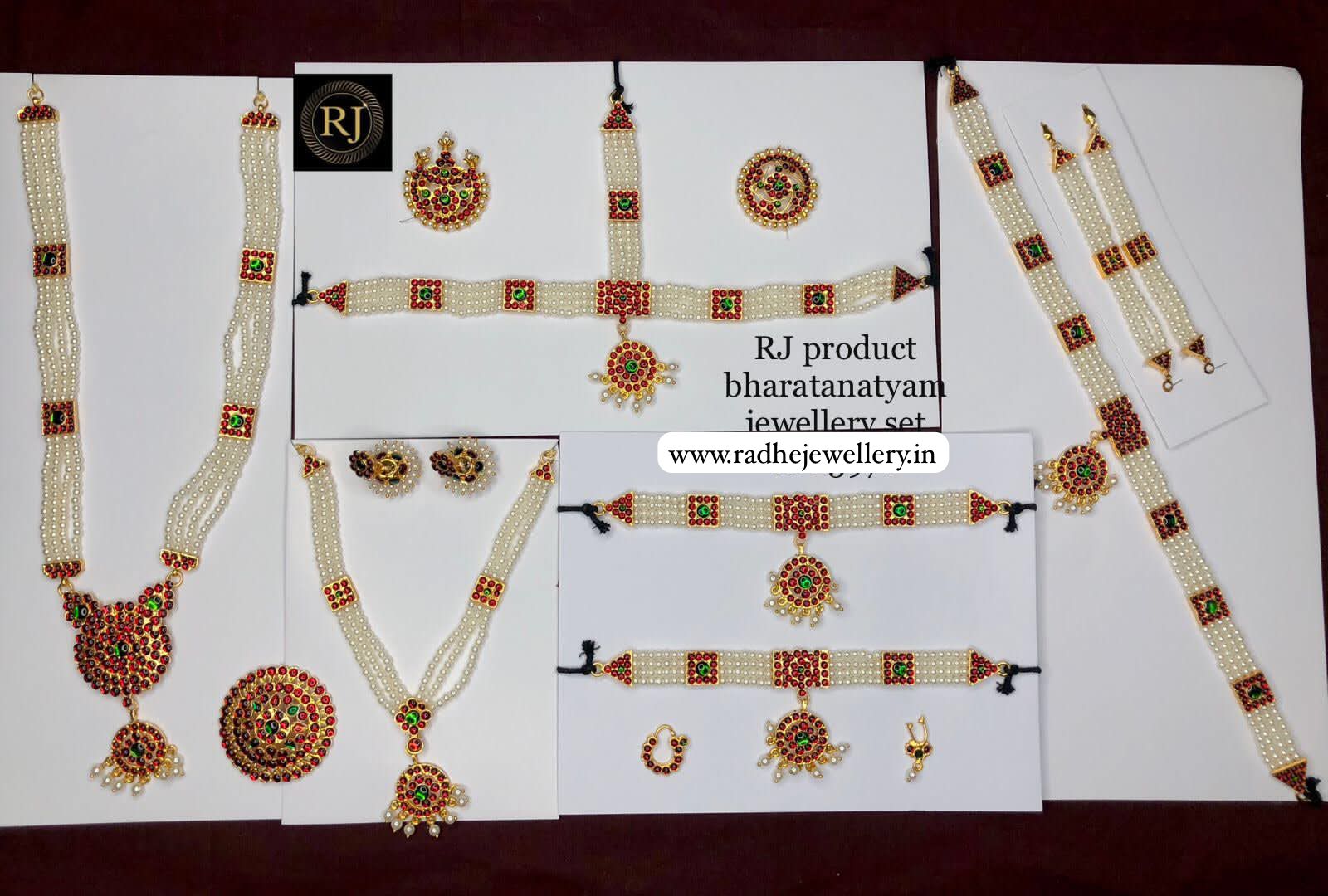 Bharatanatyam Jewellery with All The 10 Separate Ornaments Made with Green and Red Kemp Stones for Women