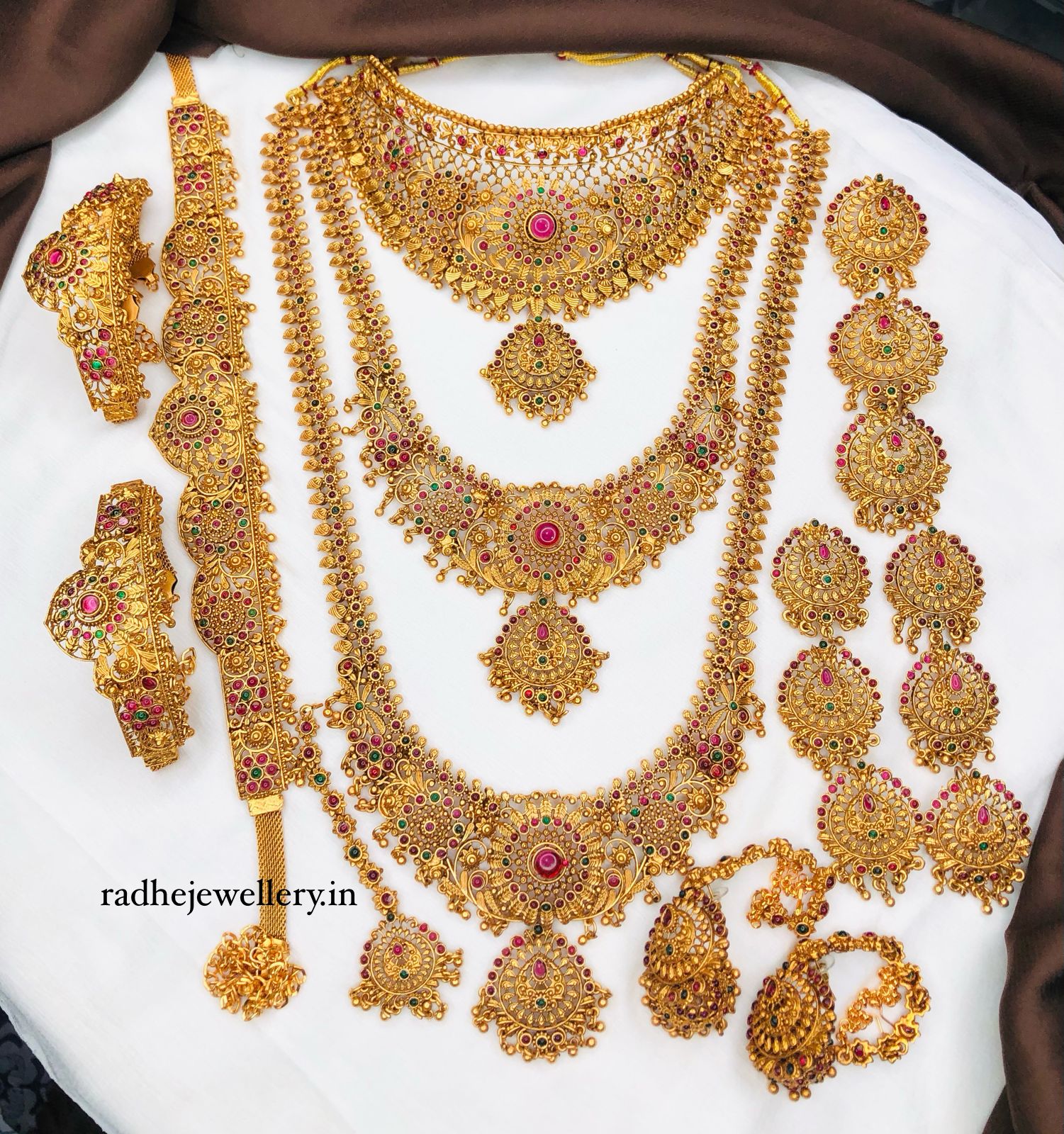 Premium Matt Finish Gold Plated South Indian Bridal Necklace Set With Maangtikka, Hair jewels, Waist Belt, Armlet