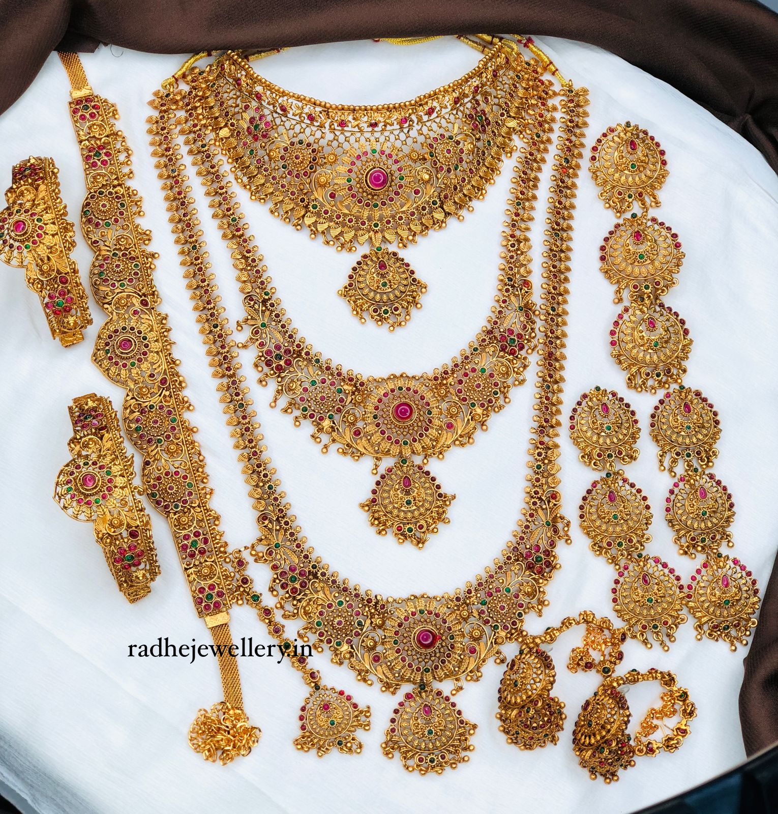 Premium Matt Finish Gold Plated South Indian Bridal Necklace Set With Maangtikka, Hair jewels, Waist Belt, Armlet