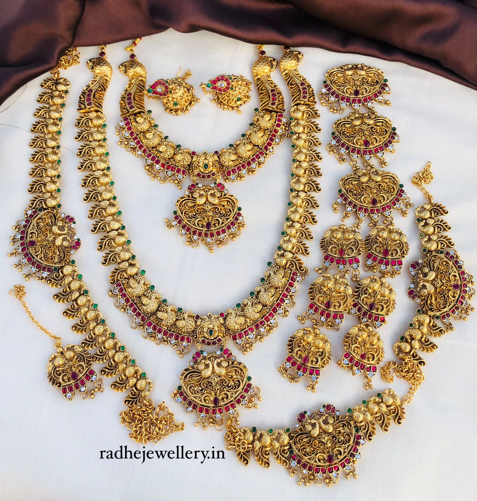 Premium Matt Finish Gold Plated South Indian Bridal Necklace Set With Maangtikka, Hair jewels, Waist Belt, Armlet