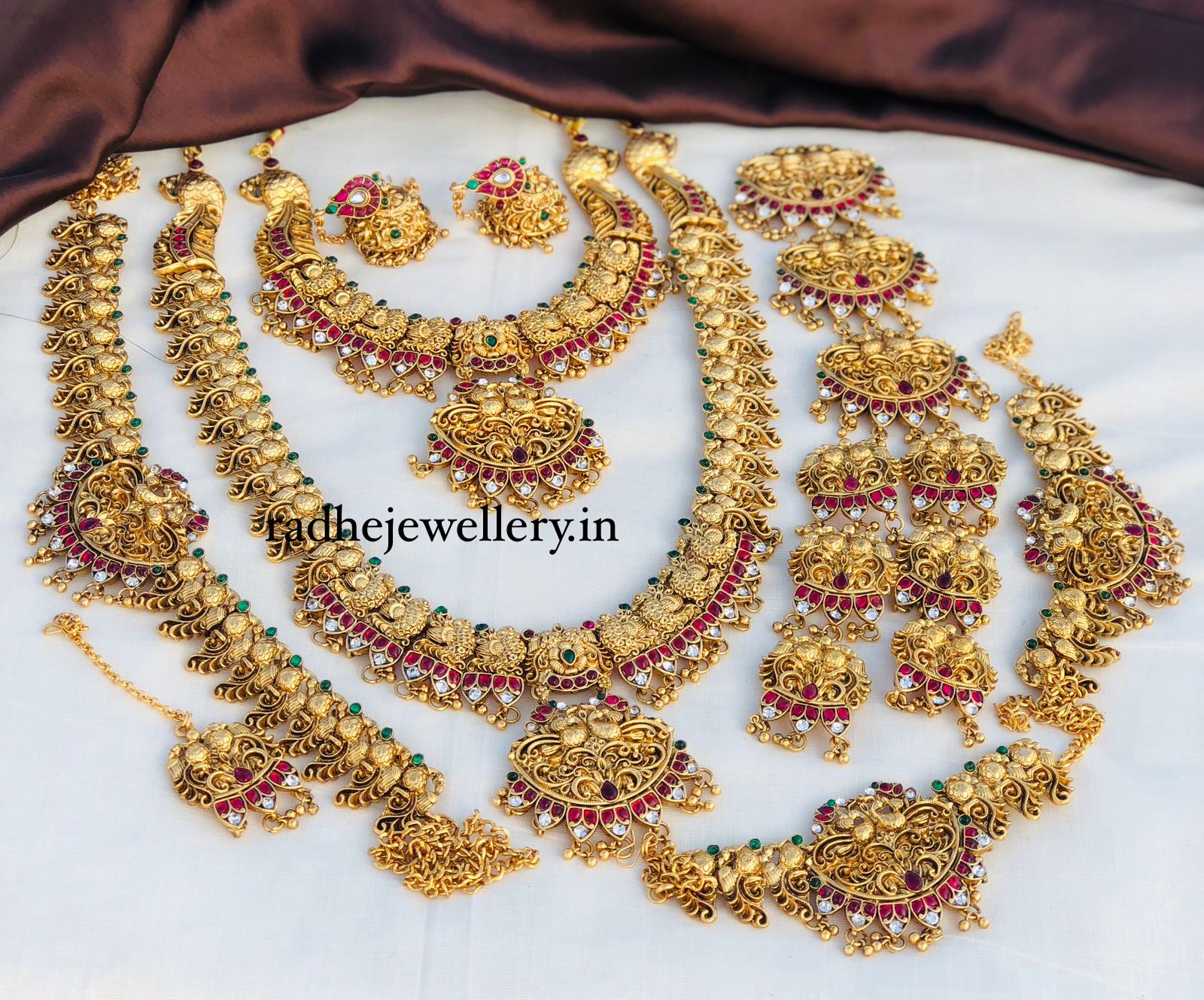 Premium Matt Finish Gold Plated South Indian Bridal Necklace Set With Maangtikka, Hair jewels, Waist Belt, Armlet