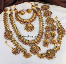 Premium Matt Finish Gold Plated South Indian Bridal Necklace Set With Maangtikka, Hair jewels, Waist Belt, Armlet