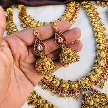 Premium Matt Finish Gold Plated South Indian Bridal Necklace Set With Maangtikka, Hair jewels, Waist Belt, Armlet