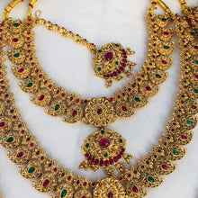 Premium Matt Finish Gold Plated South Indian Bridal Necklace Set With Maangtikka, Hair jewels, Waist Belt, Armlet