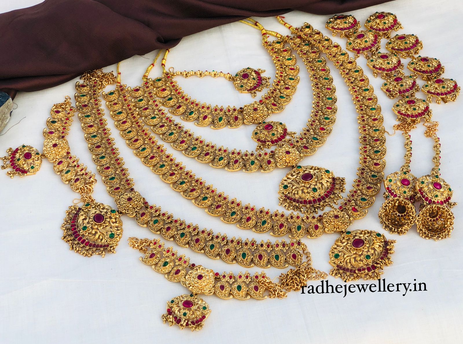 Premium Matt Finish Gold Plated South Indian Bridal Necklace Set With Maangtikka, Hair jewels, Waist Belt, Armlet