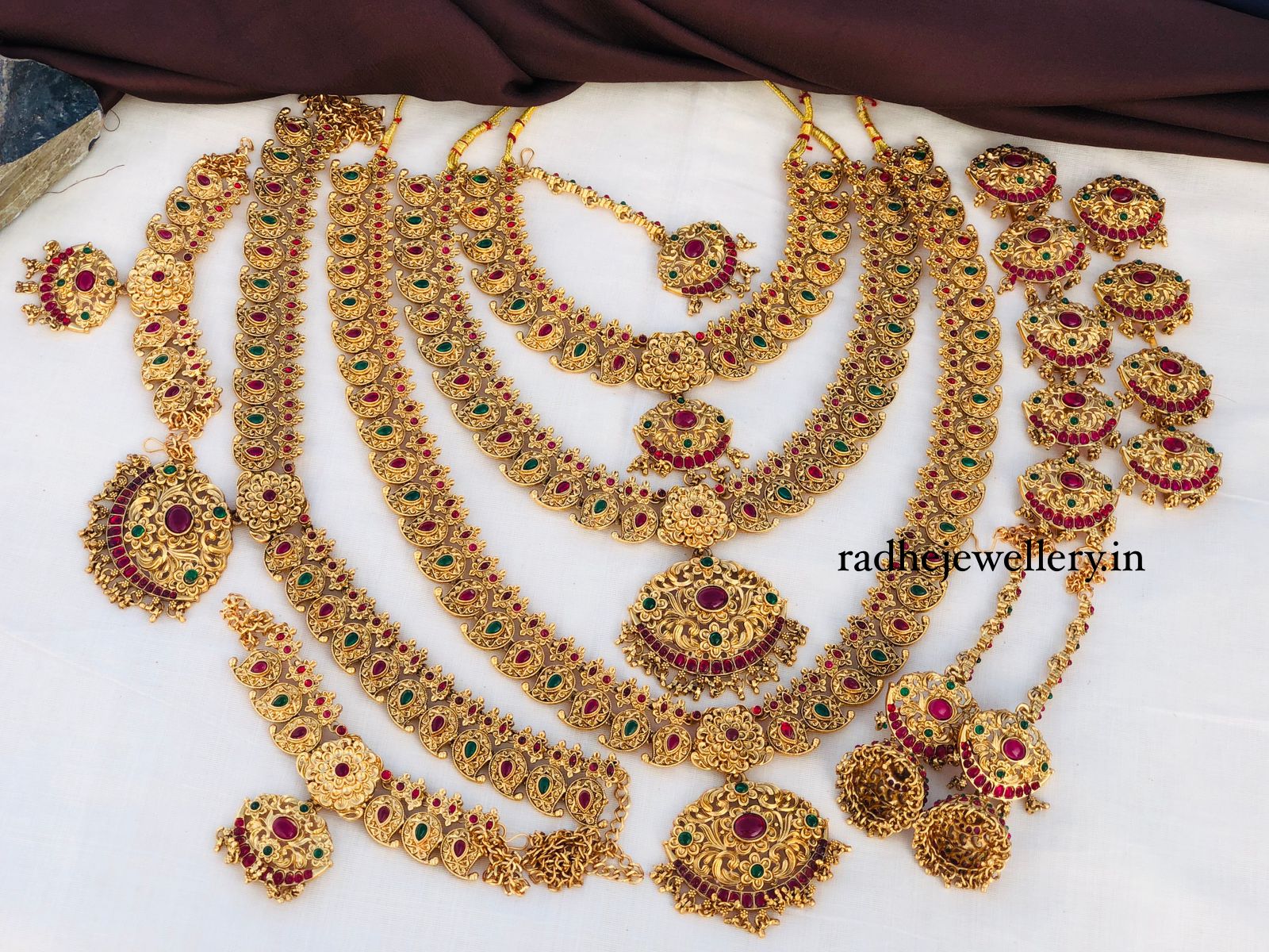 Premium Matt Finish Gold Plated South Indian Bridal Necklace Set With Maangtikka, Hair jewels, Waist Belt, Armlet