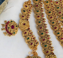 Premium Matt Finish Gold Plated South Indian Bridal Necklace Set With Maangtikka, Hair jewels, Waist Belt, Armlet