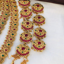 Premium Matt Finish Gold Plated South Indian Bridal Necklace Set With Maangtikka, Hair jewels, Waist Belt, Armlet