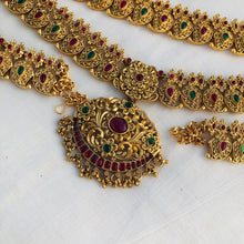 Premium Matt Finish Gold Plated South Indian Bridal Necklace Set With Maangtikka, Hair jewels, Waist Belt, Armlet