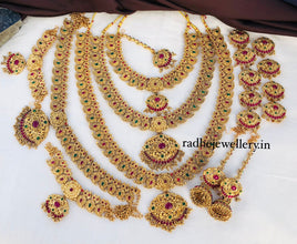 Premium Matt Finish Gold Plated South Indian Bridal Necklace Set With Maangtikka, Hair jewels, Waist Belt, Armlet