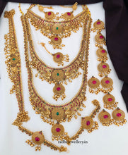 Premium Matt Finish Gold Plated South Indian Bridal Necklace Set With Maangtikka, Hair jewels, Waist Belt, Armlet