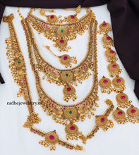 Premium Matt Finish Gold Plated South Indian Bridal Necklace Set With Maangtikka, Hair jewels, Waist Belt, Armlet