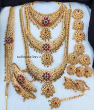 Premium Matt Finish Gold Plated South Indian Bridal Necklace Set With Maangtikka, Hair jewels, Waist Belt, Armlet