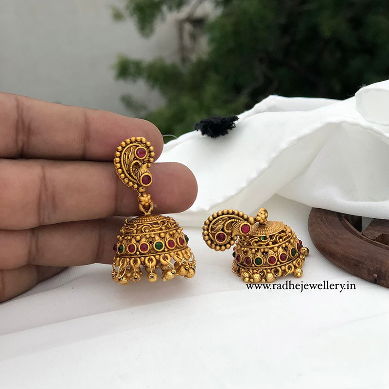 Mango Leaf Antique Jhumkis, With Golden Beads, 2 Colors