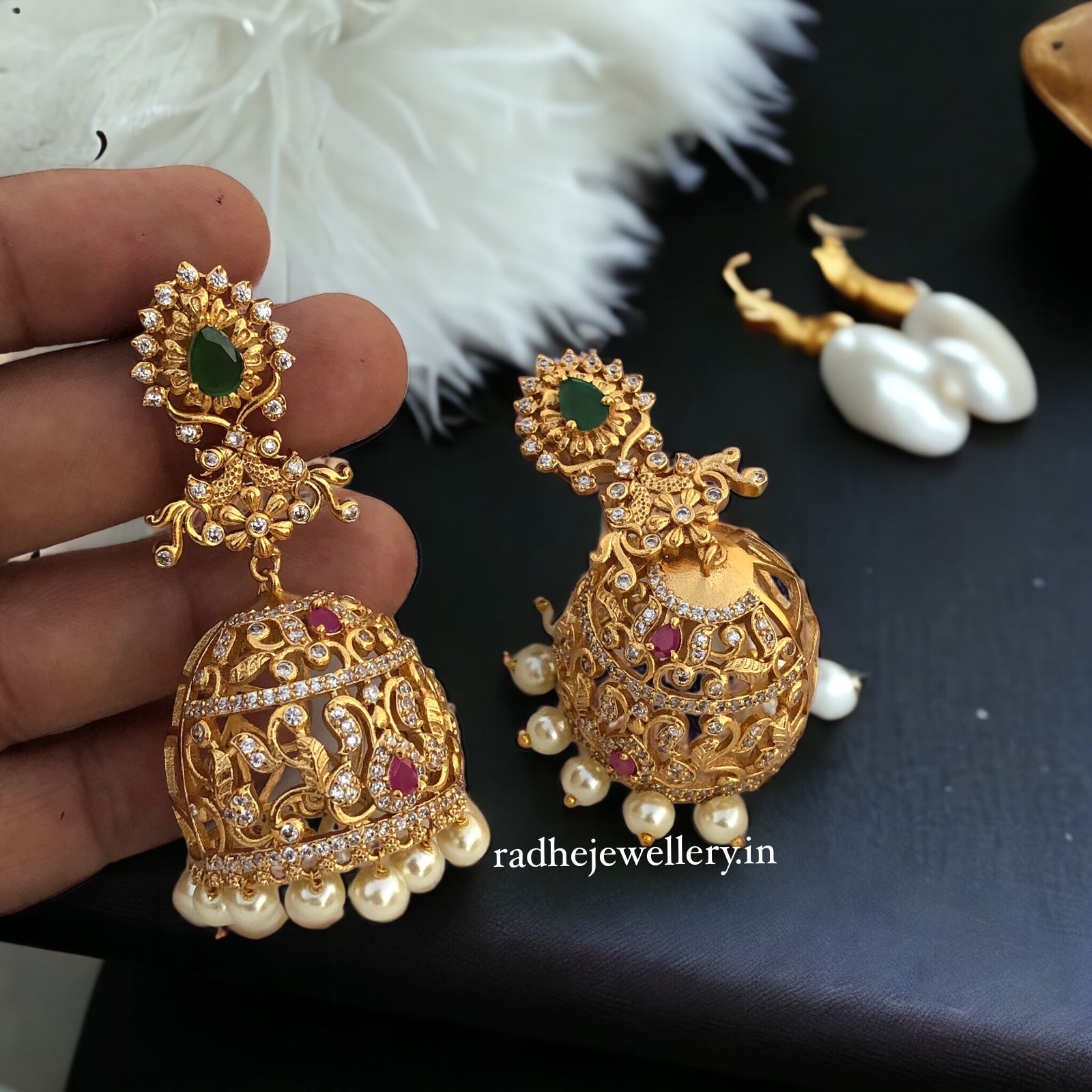 Floral & Star Flower Jhumkis, With Ruby Stones & Pearls