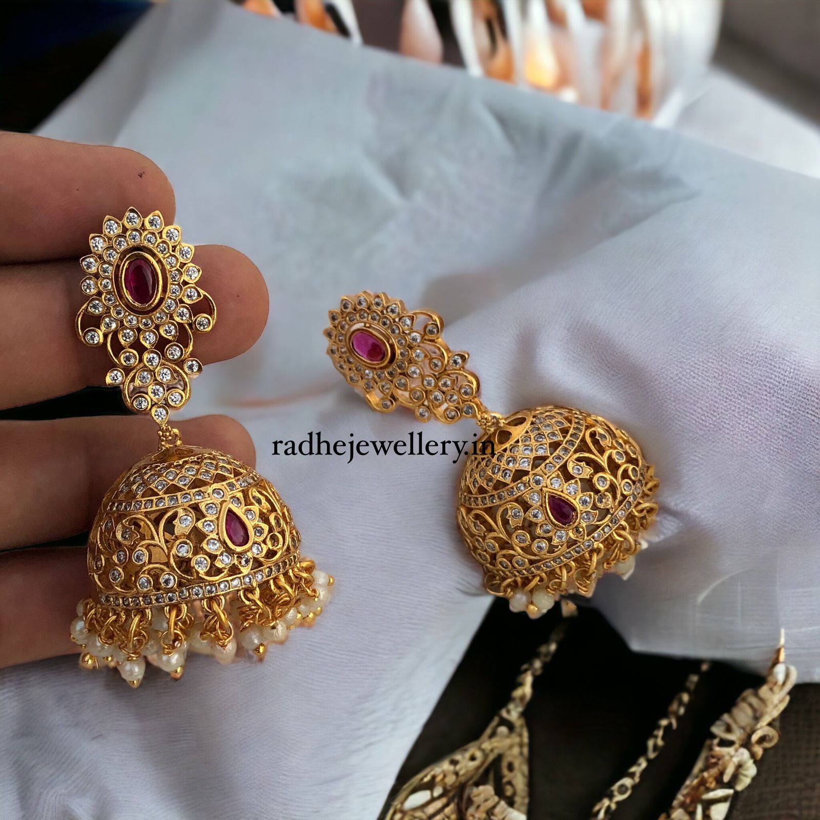 Classic Floral Jhumkis, With Ruby Stones & Pearls