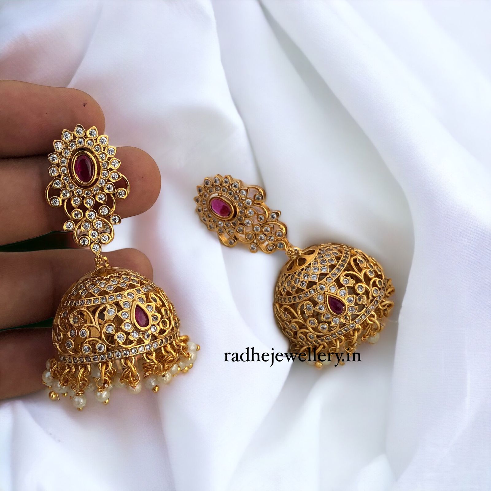 Classic Floral Jhumkis, With Ruby Stones & Pearls